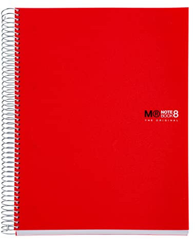 Miquelrius - Notizbücher A4 The Original Notebook, 8 farbige Streifen, Undurchsichtiger Polypropylen-Einband, Format A4 (210 x 297 mm), 4-Loch-Lochung, 200 Blatt mit 70 g/m², Raster 5 mm, Rot