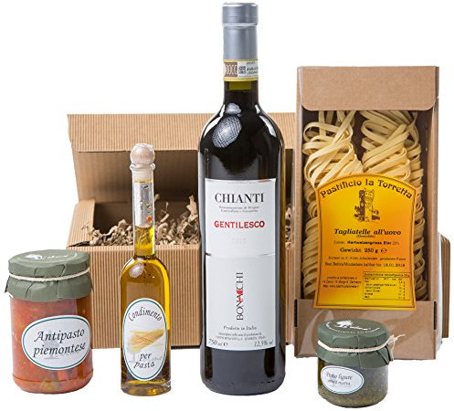 The Wine Guys Geschenk-Set Präsentkorb Tavola Italiano mit Piemonteser Feinkost und Chianti, Antipasti, Pesto Ligure, Würzöl 75 cl