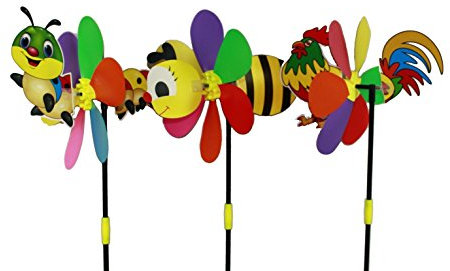 HAAC Windrad mit Tiermotiv Biene Hahn oder Schmetterlingsraupe Länge 52 cm Größe 23 cm Farbe bunt