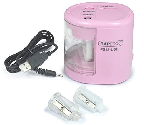 Rapesco 1446 PS12-USB Taille-Crayon Électrique Automatique avec chargement USB ou Batterie (non inclus), Rose Pastel