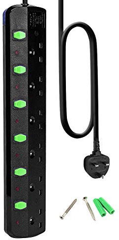 TISDLIP 6 Way Extension Lead with Switches, 1.8M/5.9Ft Electric Extension Cable, Wall Mountable Extension Cord, 13A. 3250W