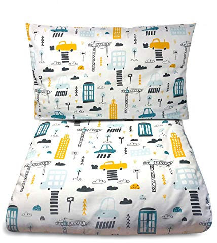 Balbina Kinder Baby-Bettwäsche-Set für Jungen Gelb Motiv 100 x 135 cm Deckenbezug 40 x 60 Kissenbezug 2tlg. 100% Baumwolle Reißverschluss (Autos)