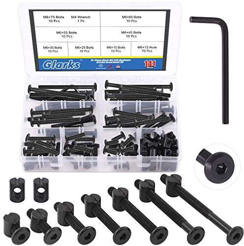Glarks Kit de remplacement de 141 pièces de vis et écrous hexagonaux pour lit de bébé, M6x15/25/35/45/55/65/75 mm, assortiment de vis et écrous avec une clé Allen pour chaises, armoires, meubles