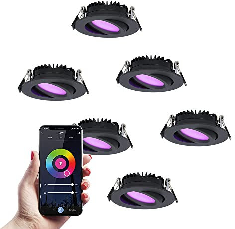 HOFTRONIC 6x Smart LED Einbaustrahler Rom schwarz 6 Watt RGBWW IP44 neigbar WiFi + Bluetooth