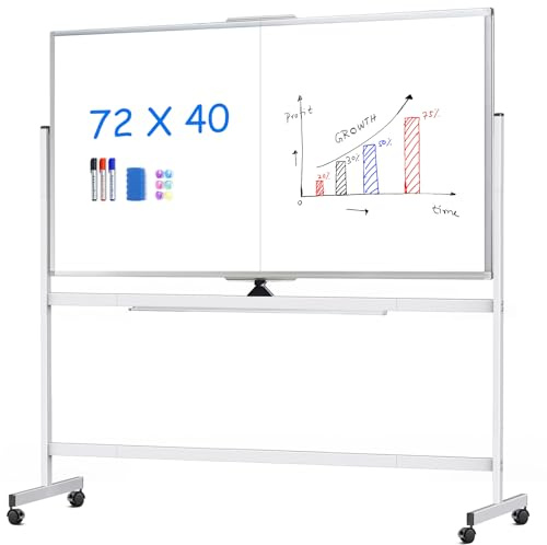 Whiteboard, doppelseitig mobil, magnetisch, groß, wendbar, trocken abwischbar, Staffelei, Standbrett auf Rädern mit silberfarbenem Aluminiumrahmen und Ständer, 182,9 x 101,6 cm