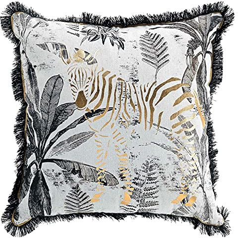 MACOSA U1608967 Deko-Kissen 45x45 cm weiß mit Zebra & Pflanzen mit Reißverschluss inkl. Füllung Sofakissen Kuschel-Kissen Zierkissen Deko Couchkissen