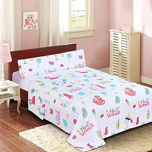 Dalina Textil Juego de Sábanas Infantil para Cama 3 Piezas - 1 Sábanas Bajera Ajustable Cama 105cm con Encimera 175x260cm y 1 Funda de Almohada Larga (Cama de 105x190cm Unicornio y Flamenco)