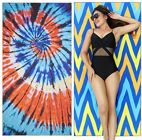 Winthome 2 Pack Microfiber Beach Towel, Extra Large Quick Dry Sand Free Beach Towel for Travel, Swimming, Holiday (Swirling +Geometry, 90×180cm - 2 pack)