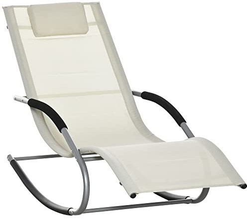 Outsunny Mecedora de Jardín Tumbona Mecedora con Reposacabezas Reposabrazos y Marco Metálico Carga 120 kg para Playa Patio Terraza 63x144x84 cm Beige