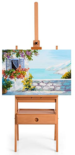 GIANTEX Staffelei Holz groß, Malstaffelei mit Ablage & Schublade, Bodenstaffelei höhenverstellbar 151-194,5 cm, Künstlerstaffelei aus massivem Buche, Standstaffelei für Leinwände bis 92 cm Höhe