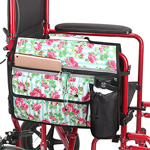 Wheelchair Storage Bag, Double-Sided Armrest Pouch with Cup Holder and Reflective Strip, for Wheelchairs and Walkers (White Floral)