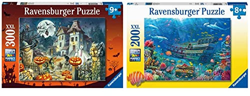 Ravensburger Kinderpuzzle - 13264 Das Halloweenhaus - Halloween-Puzzle, mit 300 Teilen im XXL-Format & 12944 Versunkenes Schiff - Unterwasserwelt-Puzzle, mit 200 Teilen im XXL-Format