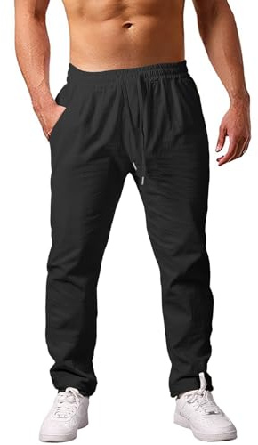Heekpek Pantalones de Lino para Hombre - Cómodos y Ligeros Pantalón Casual de Verano Con Cordón, Negro, XXL