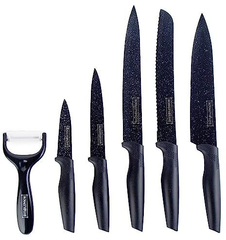 Lalene By RoyaltyLine messer scharf küche, Kochmesser 6 teilig mit anti haft Beschichtung, küchen messer Spickmesser, Brotmesser, Küchenmesser im Carbon Design (Non-stick Black)
