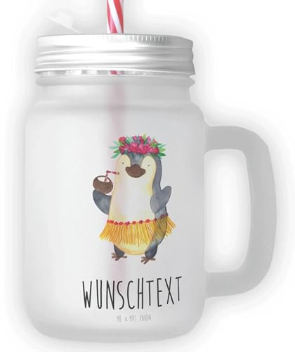 Mr. & Mrs. Panda Personalisiertes Trinkglas Mason Jar Pinguin Kokosnuss - Personalisierte Geschenke, Saftglas Mit Gravur, Glas Mit Strohhalm Und