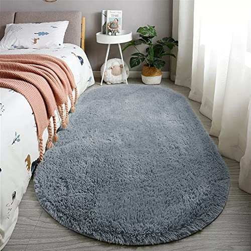 Reyox Teppich Oval Hochflor Shaggy rutschfest Pflegeleicht, Flauschig Weich Langflor Teppich für Wohnzimmer Schlafzimmer Bettvorleger Silber Grau 70 x 170 cm