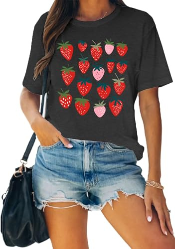 T-shirt pour femme motif fraise - T-shirt graphique - Vêtement de jardin - Cadeau, gris-a, XL