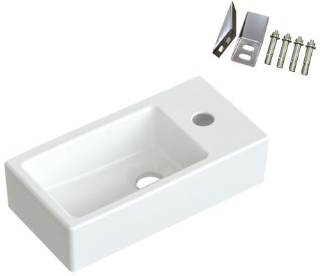 Waschbecken Keramik Waschtisch Hängewaschbecken klein Handwaschbecken Weiß Eckig 40 x 20 cm Badezimmer Gäste WC Hahnloch Rechts mit Stockschrauben | OHNE Überlauf | OHNE Wasserhahn | OHNE Ablaufventil