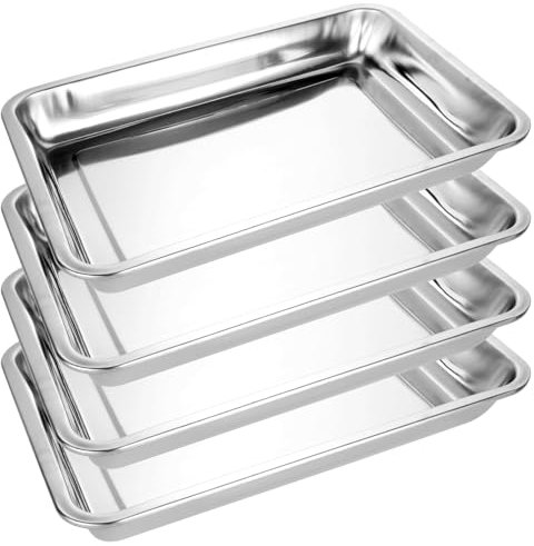 VIDETOL Bandeja para hornear de acero inoxidable de 4 piezas, 29 x 39 x 4,8 cm, bandeja para hornear rectangular, bandeja para hornear plateada, bandeja para hornear pequeña y profunda para horno, par