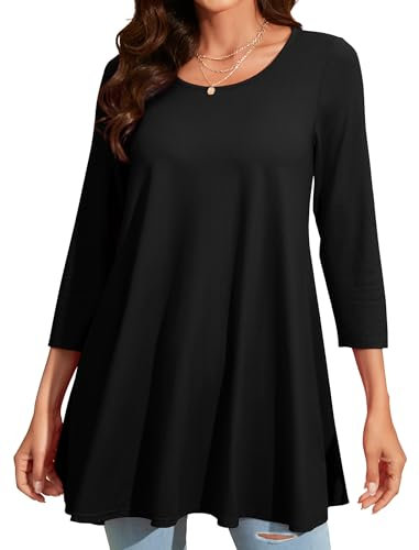 Enmain Nero Tunica Manica Lunga Donna Magliette 3/4 Maniche Lunghe Bluse Elegante Stampata Casual Maglietta Collo Rotondo T-Shirt XXL