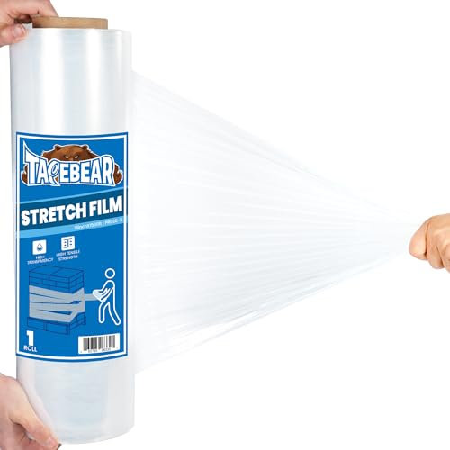 TAPEBEAR Film Étirable Transparent 457mm x 457M Résistance Industrielle Palette Wrap Pellicule Plastique, Film Rétractable pour Emballage Le Déménagement et L'expédition