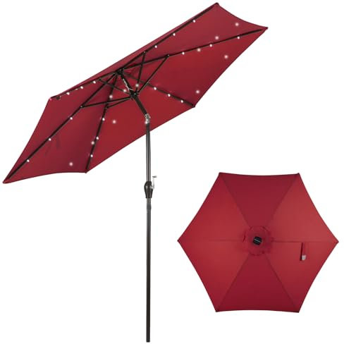 KOMFOTTEU Sombrilla de Jardín Ø300cm con LED Plegable, Parasol Terraza Exterior Inclinable con Manivela, Sombrilla de Patio de Tela de Poliéster, Sombrilla con Protección Solar (Rojo)