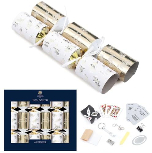 Tom Smith Pack 6 Luxury Mini Charity Christmas Crackers White & Gold Festive Foliage Design