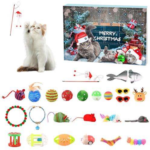 ACAREY Katzen Weihnachts Adventskalender 2024, 24 Katzenspielzeuge, Katzenfeder und Ballglocken, Katzenhalsband, Spielzeugmäuse, Weihnachts Countdown Katze Interaktives Spielzeug (24 Stück)