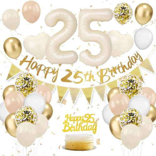25. Geburtstag Deko Beige, Luftballon Deko 25. Geburtstag Damen Frauen, Geburtstagsdeko 25 Jahr, Beige Weiß Gold Luftballons 25 Geburtstag mit Banner Geburtstag Tortendeko für Geburtstag Dekoration