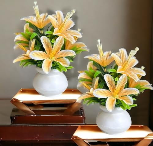 Litleo Künstliche Lilien Blumen im weißen Topf 2er Set für Home Decor (Gelb)