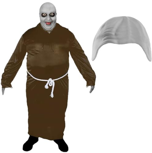 LOVETRENDS Disfraz de Halloween para hombre, talla XL, bata marrón, gorra calva blanca y pintura facial, disfraz de Halloween para hombre