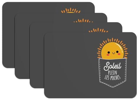 Tischsets, Unterseite aus Gummi, schwarz, Motiv: Sonne voller Taschen, Motiv: niedliche Sonne, großes Format 39,5 x 28,5 cm, 4 Stück