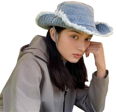 HIQIU Washed Baumwolle Denim Distressed Fischerhut Bucket Hat Herren Damen Faltbar Frayed Anglerhut Sonnenhut Reisen Schlapphut (DE/NL/SE/PL, Alphanumerisch, Einheitsgröße, M, Hellblau)