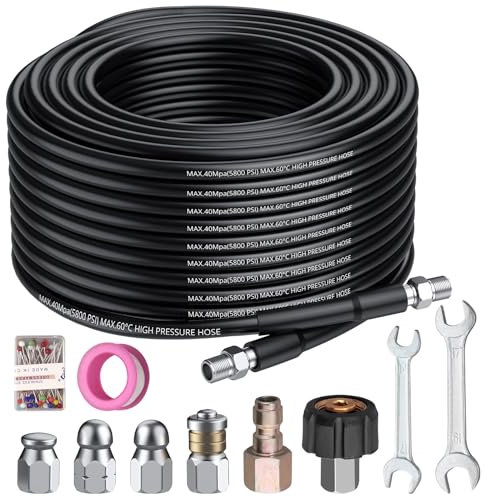 AMTOVL 100 FT Sewer Jetter Kit for Pressure Washer - 1/4 Inch NPT Corner 33.48 Meter 5800PSI Water Jet Drain Cleaner Hose with 4 Sewer Jetting Nozzles, Pearl Corsage Pin, Waterproof Tape, Spanners