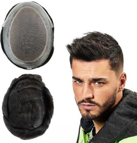 HAIR NATURE Mens Human Hair Toupee, Fine Mono Hair System for Men #1B 6X9