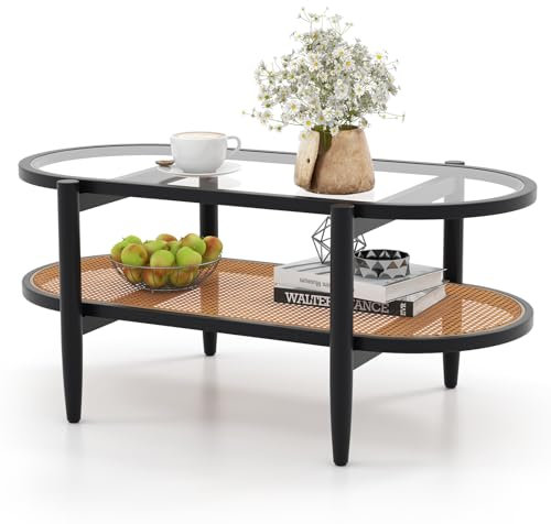 COSTWAY 2-Tier Coffee Table, Tempered Glass Cocktail Snack Tea Center Table with PE Rattan Storage Shelf, Acacia Wood Frame Accent Sofa End Side Table for Living Room, Bedroom and Office (Black)