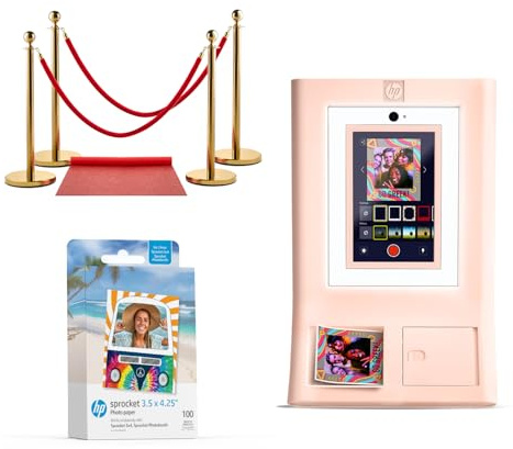 HP Sprocket Photo Booth Machine Instant Color Photo Printer (Pink) + Zink Paper (100 Sheets) + Red Carpet (1)