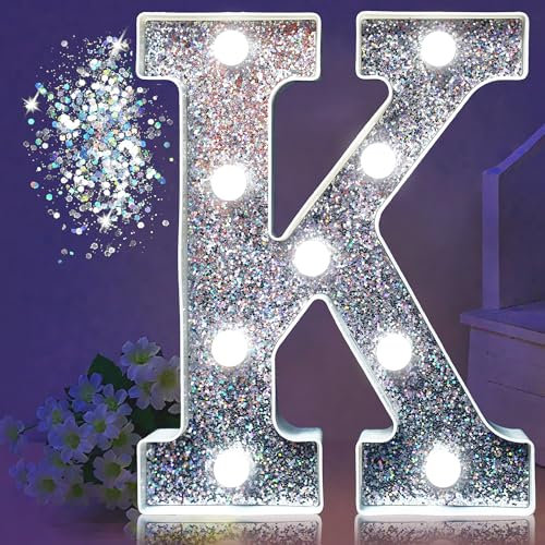LED-Festzelt-Buchstabenlichter, beleuchtetes silbernes Glitzer-Buchstaben-Schild, batteriebetriebenes Nachtlicht für Geburtstagsparty, Hochzeit, Heimdekoration, Babyparty, K