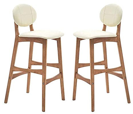 Moderner Barhocker aus Holz, 2er-Set, mit grünem PU-Kissen, Sitz, Küche, Pub, Hocker mit Fußstütze, bequemer Esszimmerstuhl für Zuhause oder Bar, 75 cm Sitzhöhe (Beige)