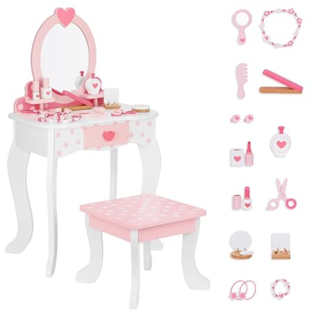 OOOK Schminktisch-Set für Kinder, Schminktisch-Set mit Tisch und Stuhl und Spiegel (beinhaltet 15 Verschiedene Make-up-Accessoires, Pink)