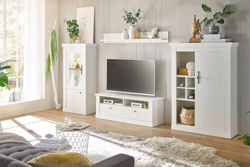 Furn.Design Wohnwand in weiß Pinie Landhaus Wohnkombination 4-teilig, Soft-Close-Funktion, Fiastra