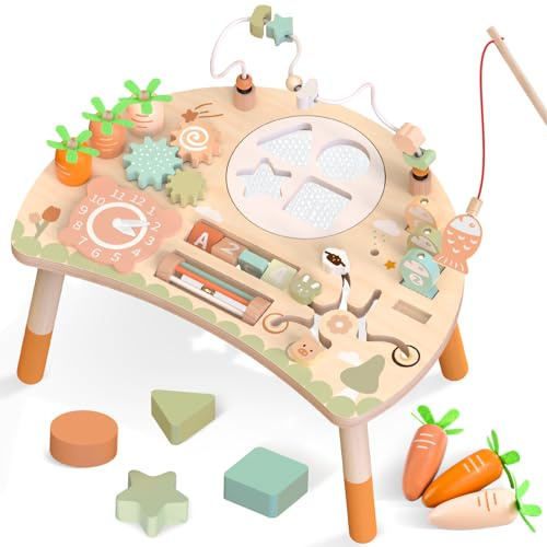 Wooden Baby Activity Table for 1 Year Old, 9-in-1 Montessori Busy Board Toy | 9-in-1 Montessori Activity Table: Shape Sorter, Bead Maze, Fishing Game & Clock Build Fine Motor Skills, a 1st Birthday Gift
