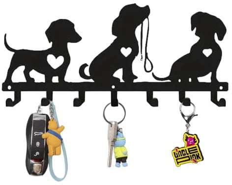 Zasjon Schlüsselhalter Wand, Schlüsselbrett Schwarz Metall für Dekorative Eule, Schlüsselaufhänger Wandaufhängung Schlüsselhalter Organizer 7 Haken für Flur, Haustür, Eingang (Welpe)