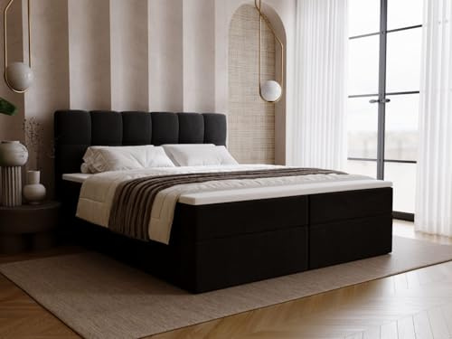 GRAINGOLD Maison Bett 200x200, Boxspringbett mit Bettkasten, Polsterbett mit Bonell-Matratze, Samt Stoff, mit Topper, mit Kopfteil (Schwarz, 200x200)