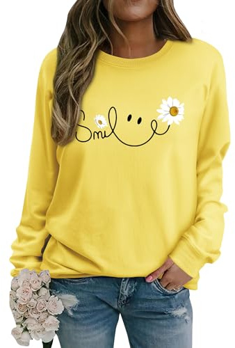 Yihelian Long Sleeve Tops Women Crew Neck Sweatshirt Smile Daisy Graphic Print Shirt Ladies Fashion Casual Blouse
