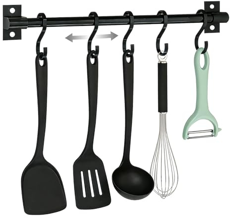 ROEOWENE Hakenleiste Küche Ohne Bohren Schwarz 30cm mit 5 Haken | Küchenhalterung Wand Selbstklebend Hängeleiste Bad Verstellbar Kleiderhaken Aluminium Für Küchenutensilien, 20kg
