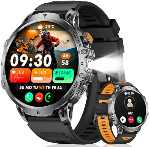 Militär Smartwatch Herren mit 1000 mAh, 1,85 Großesscreen Smart watch mit Bluetooth-Anruf/120 Sportmodi/IP68 wasserdicht/LED-Licht/Herzfrequenz/Schlafmonitor, Fitnessuhr für Android iOS(2 Armbändern)