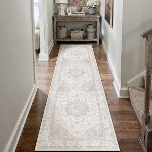 PureCozy Vintage Beige Teppich Läufer Flur 80x400cm Waschbar | Waschbarer Teppich, Weich Rutschfest, Kurzflor Boho, für Schlafzimmer Büro Küche Flur, Langer Teppichläufer
