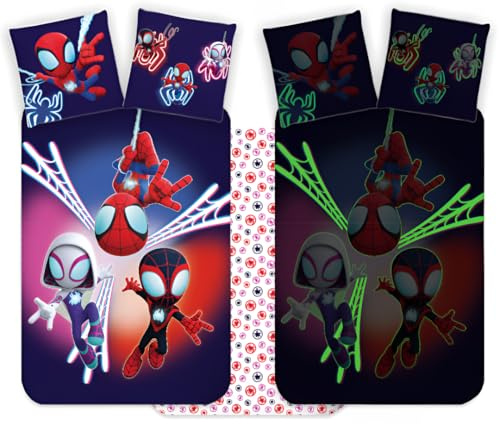 Marvel Spidey Kinderbett Bettwäsche Set 100x135 cm + Kissenbezug 40x60 cm, 100% Baumwolle | Nachtleuchtender Stil Babybettwäsche Set | Perfekt für Kleinkinder