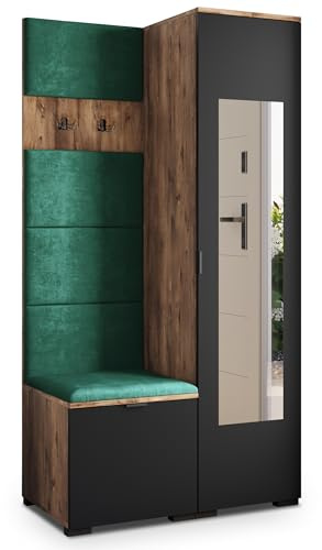 Masseno Flugarderoben Set VIRA, Kleiderschrank-Set mit Spiegel und Sitzbank, Garderobenschrank Flur mit 3 Regalböden, Eiche Lefkas/Schwarz